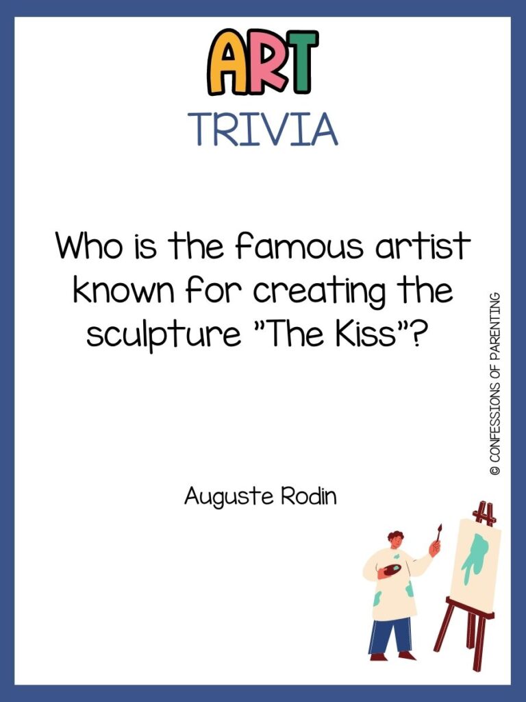 in post image with white background, blue border, bold title that says "Art Trivia", text of an art trivia question, and an image of art supplies