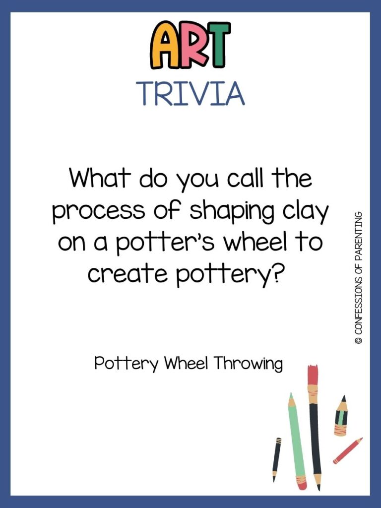in post image with white background, blue border, bold title that says "Art Trivia", text of an art trivia question, and an image of art supplies