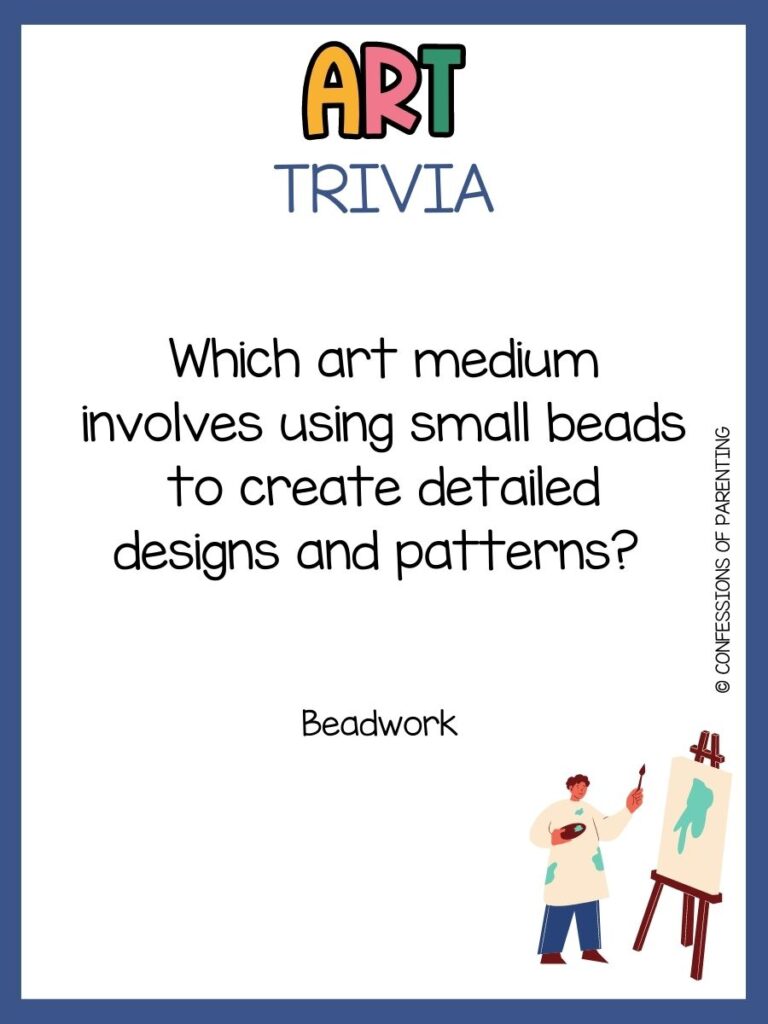 in post image with white background, blue border, bold title that says "Art Trivia", text of an art trivia question, and an image of art supplies