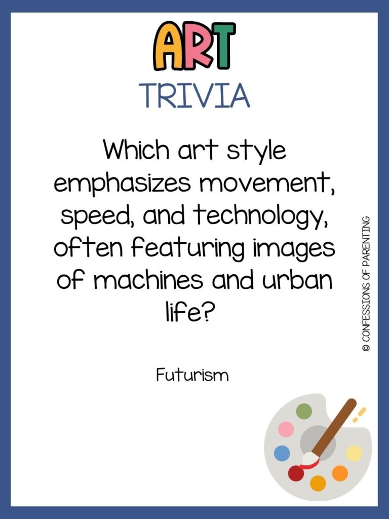 in post image with white background, blue border, bold title that says "Art Trivia", text of an art trivia question, and an image of art supplies