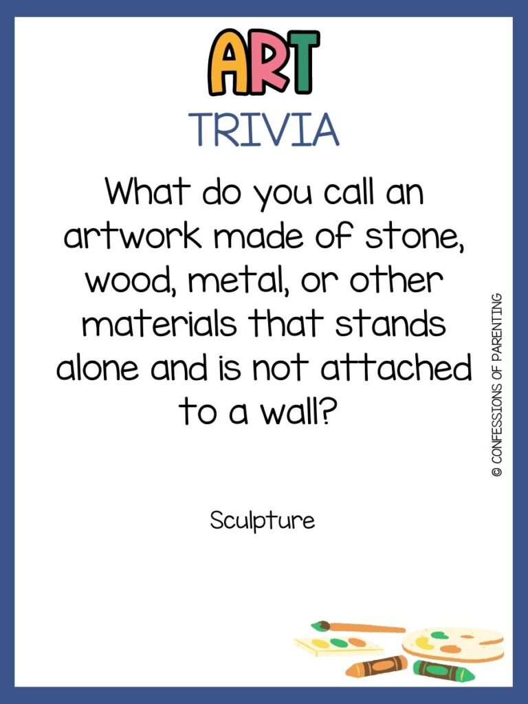 in post image with white background, blue border, bold title that says "Art Trivia", text of an art trivia question, and an image of art supplies