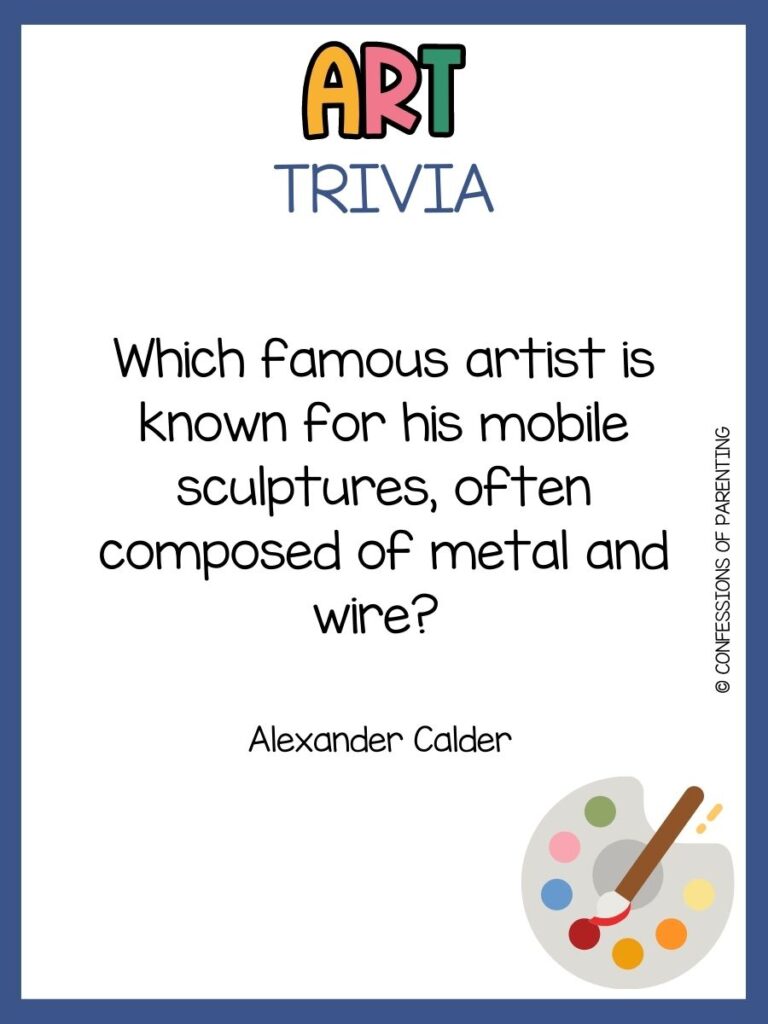 in post image with white background, blue border, bold title that says "Art Trivia", text of an art trivia question, and an image of art supplies