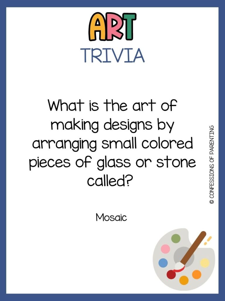 in post image with white background, blue border, bold title that says "Art Trivia", text of an art trivia question, and an image of art supplies