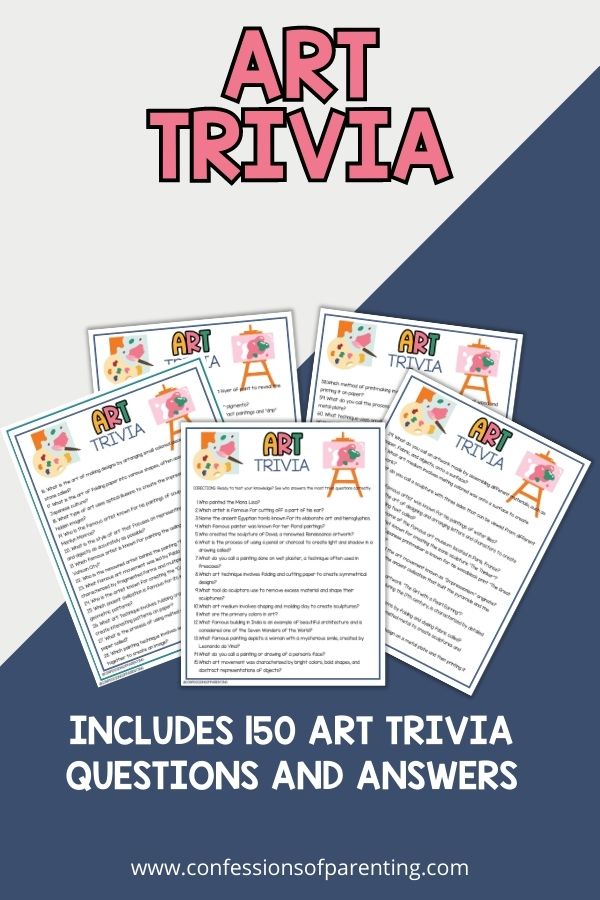 mockup image with grey and blue background, bold pink title that says "Art Trivia" and images of art trivia printable