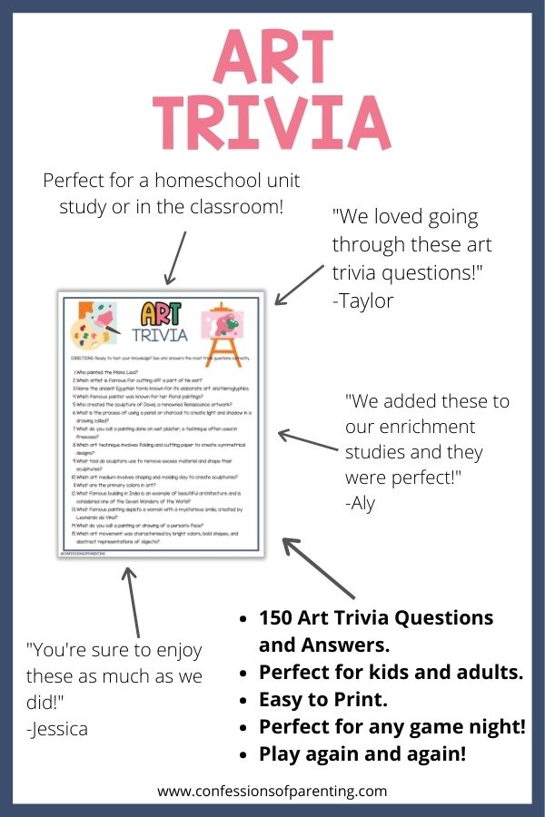 mockup image with white background, blue border, bold pink title that says "Art Trivia" and an image of art trivia printable surrounded by reviews