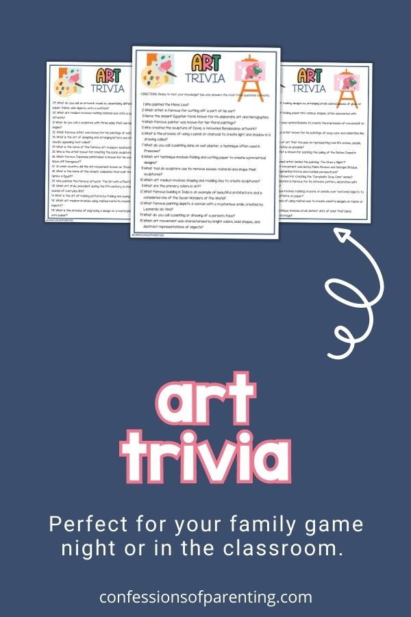 mockup image with blue background, bold white and pink title that says "Art Trivia" and images of art trivia printable