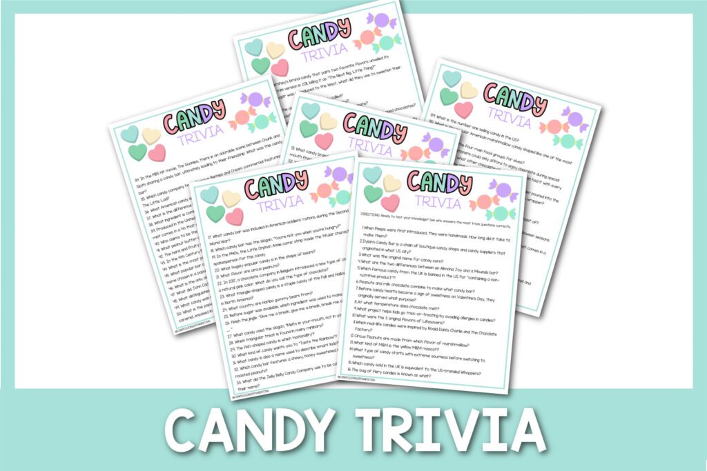 featured image with white background, blue border, bold white title that says "Candy Trivia" and images of candy trivia printable