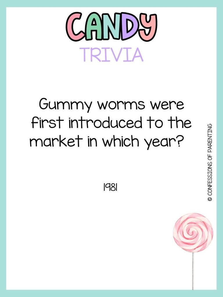 in post image with white background, blue border, bold title that says "Candy Trivia", text of a candy trivia question, and an image of candy