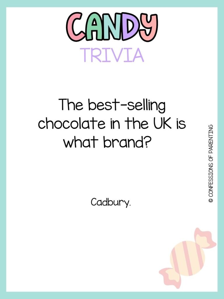 in post image with white background, blue border, bold title that says "Candy Trivia", text of a candy trivia question, and an image of candy