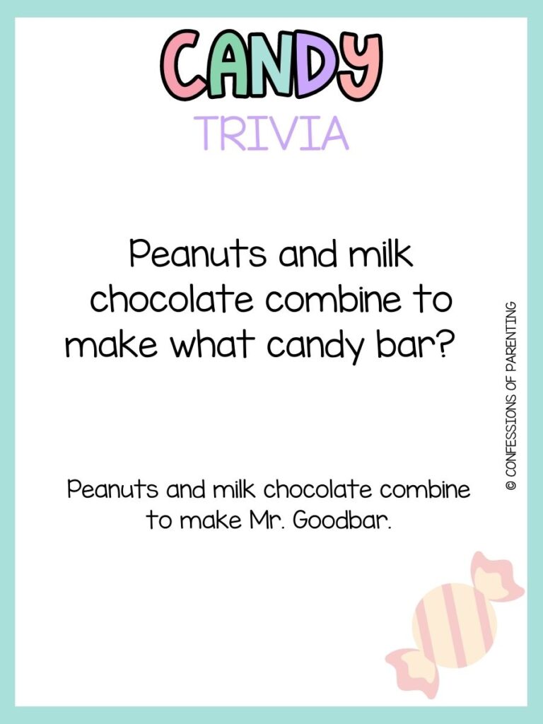 in post image with white background, blue border, bold title that says "Candy Trivia", text of a candy trivia question, and an image of candy