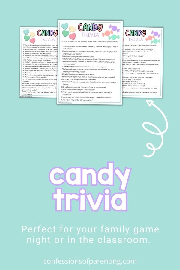 mockup image with blue background, bold title that says "Candy Trivia", and images of candy trivia printable 