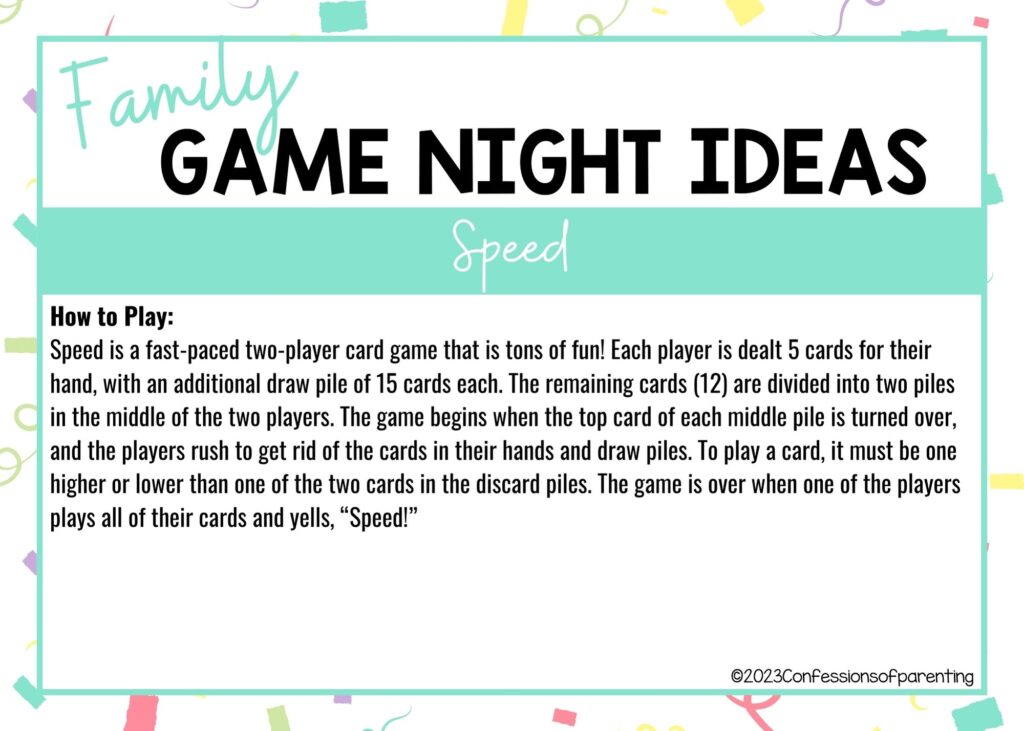 in post image with colorful border, white background, bold title that says "Family Game Night Ideas", instructions for the game, and the name of the game "Speed"