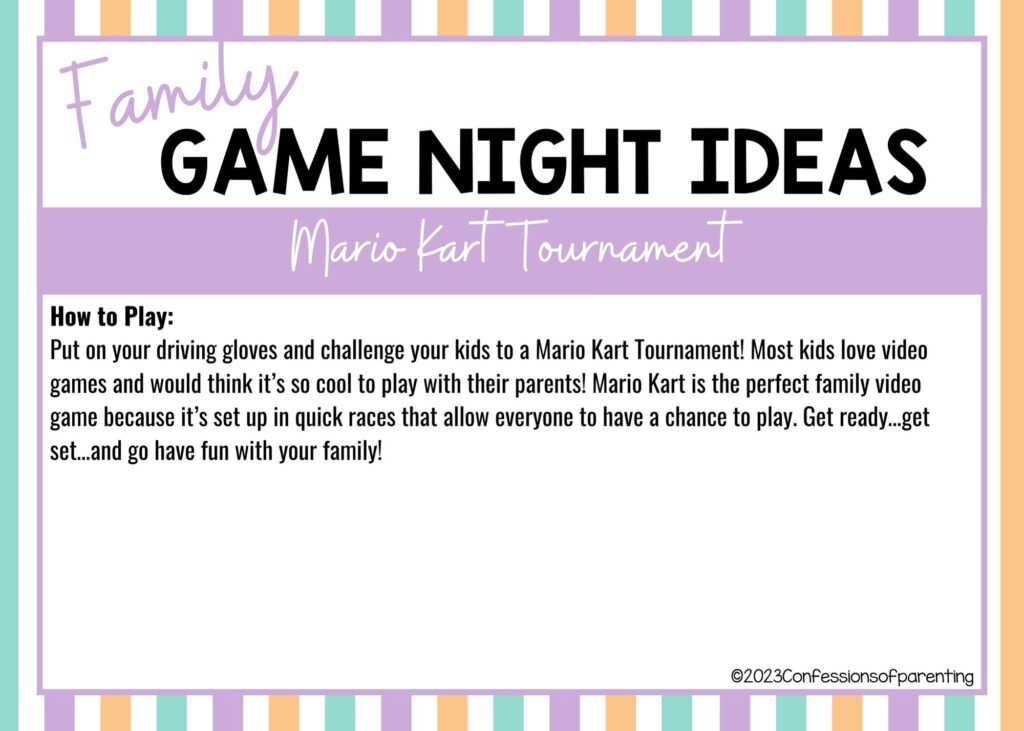 in post image with colorful border, white background, bold title that says "Family Game Night Ideas", instructions for the game, and the name of the game "Mario Kart Tournament"