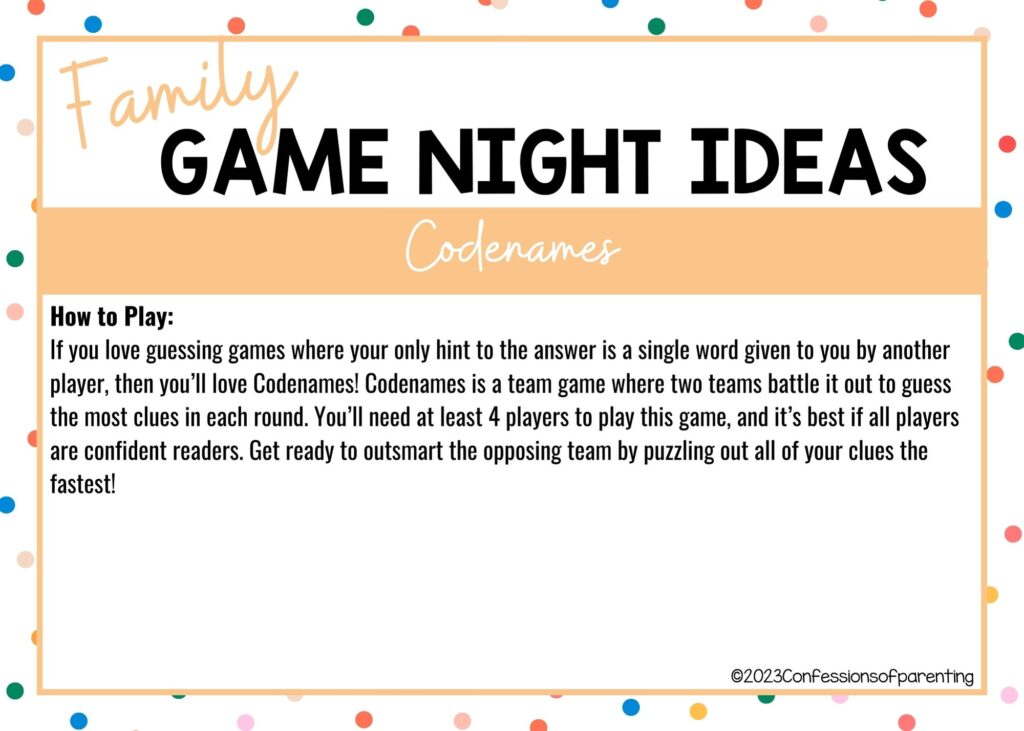 in post image with colorful border, white background, bold title that says "Family Game Night Ideas", instructions for the game, and the name of the game "Codenames"