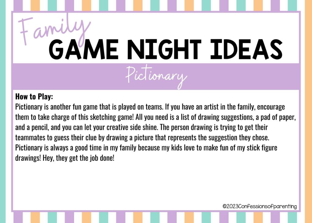 in post image with colorful border, white background, bold title that says "Family Game Night Ideas", instructions for the game, and the name of the game "Pictionary"