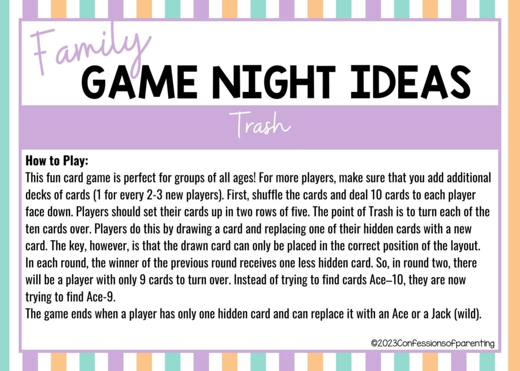 in post image with colorful border, white background, bold title that says "Family Game Night Ideas", instructions for the game, and the name of the game "Trash"