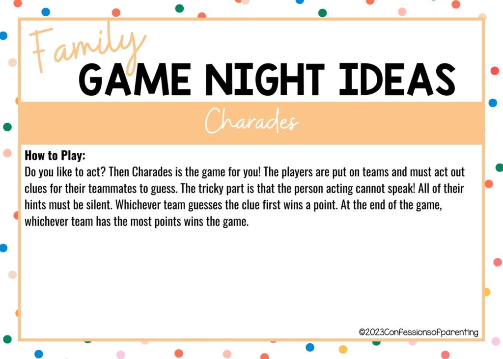 in post image with colorful border, white background, bold title that says "Family Game Night Ideas", instructions for the game, and the name of the game "Charades"