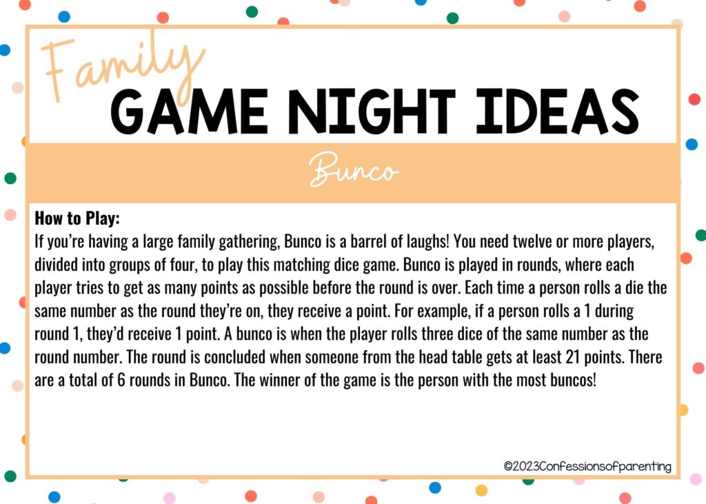 in post image with colorful border, white background, bold title that says "Family Game Night Ideas", instructions for the game, and the name of the game "Bunco"