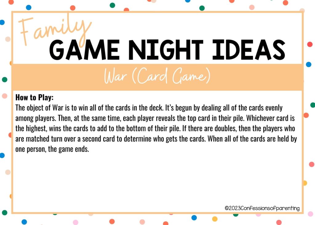 in post image with colorful border, white background, bold title that says "Family Game Night Ideas", instructions for the game, and the name of the game "War"