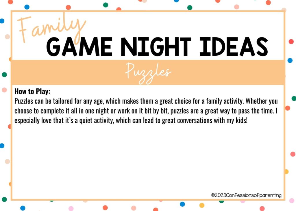 in post image with colorful border, white background, bold title that says "Family Game Night Ideas", instructions for the game, and the name of the game "Puzzles"