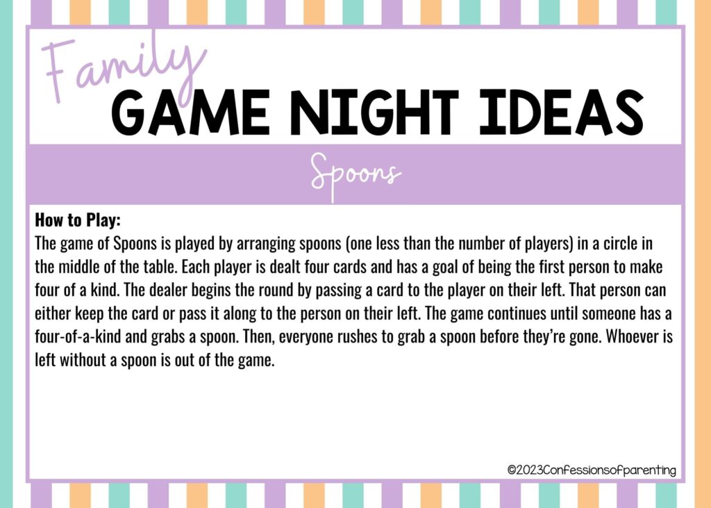 in post image with colorful border, white background, bold title that says "Family Game Night Ideas", instructions for the game, and the name of the game "Spoons"
