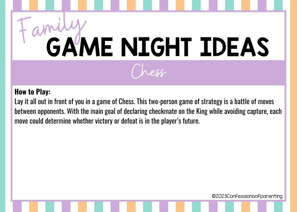 in post image with colorful border, white background, bold title that says "Family Game Night Ideas", instructions for the game, and the name of the game "Chess"