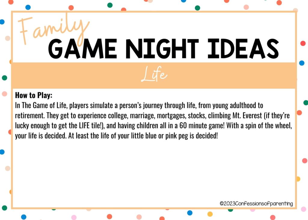 in post image with colorful border, white background, bold title that says "Family Game Night Ideas", instructions for the game, and the name of the game "Life"