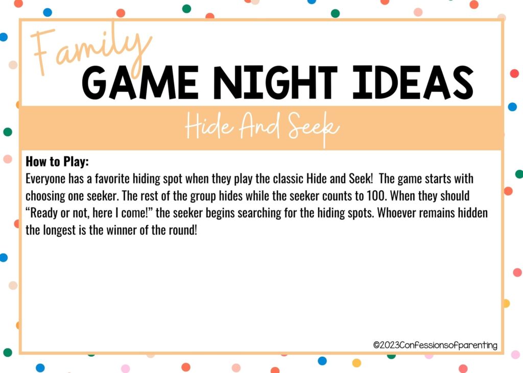 in post image with colorful border, white background, bold title that says "Family Game Night Ideas", instructions for the game, and the name of the game "Hide and Seek"