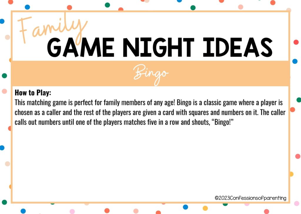in post image with colorful border, white background, bold title that says "Family Game Night Ideas", instructions for the game, and the name of the game "Bingo"