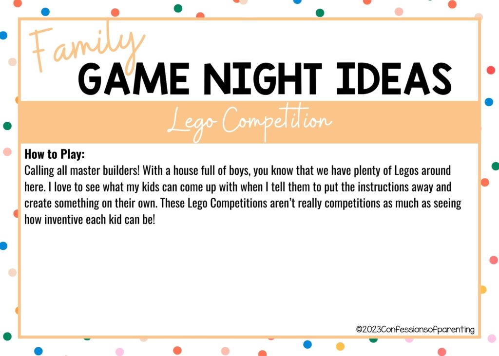 in post image with colorful border, white background, bold title that says "Family Game Night Ideas", instructions for the game, and the name of the game "Lego Competition"