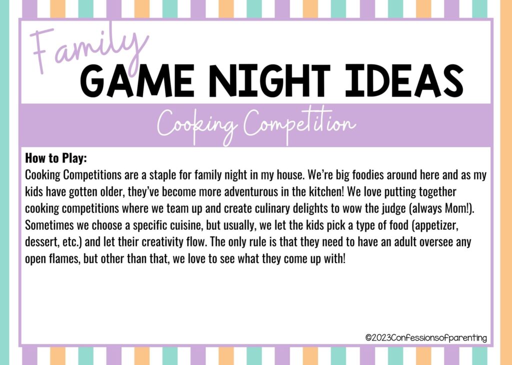 in post image with colorful border, white background, bold title that says "Family Game Night Ideas", instructions for the game, and the name of the game "Cooking Competition"