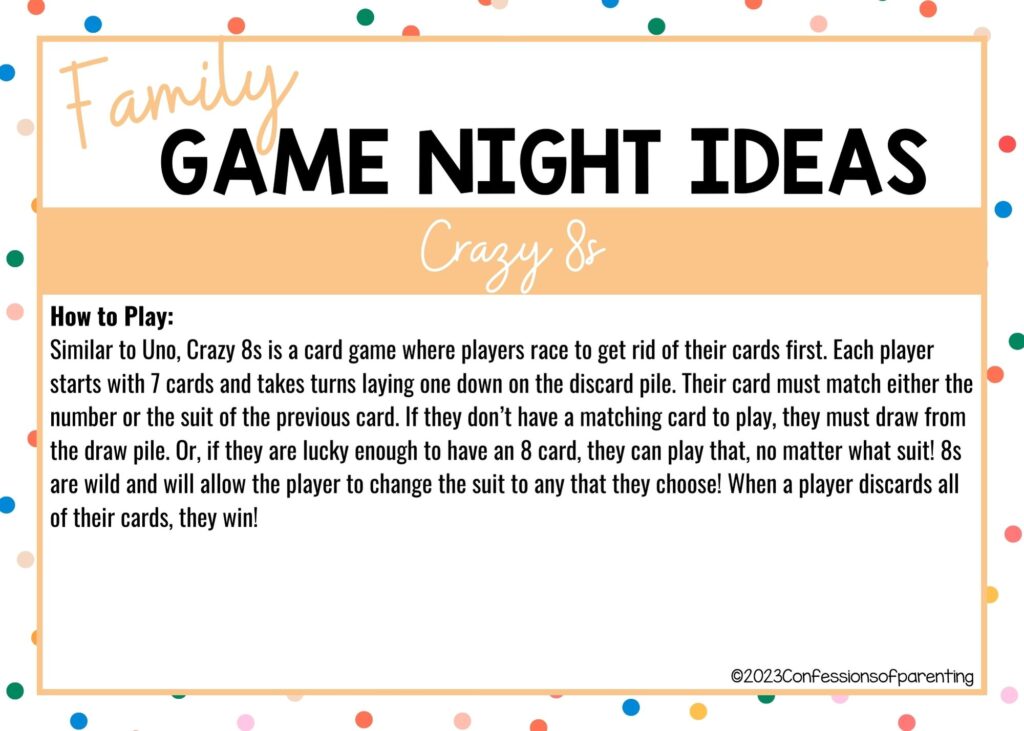 in post image with colorful border, white background, bold title that says "Family Game Night Ideas", instructions for the game, and the name of the game "Crazy 8s"