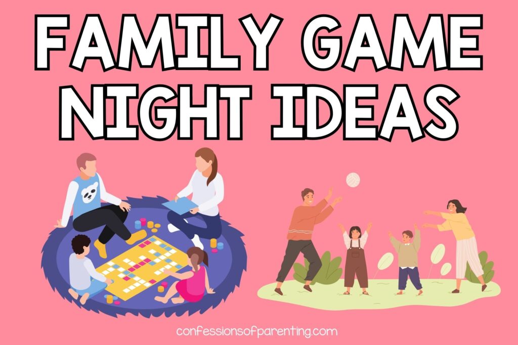 featured image with pink background, bold title that says "Family Game Night Ideas" and images of families playing with each other. 