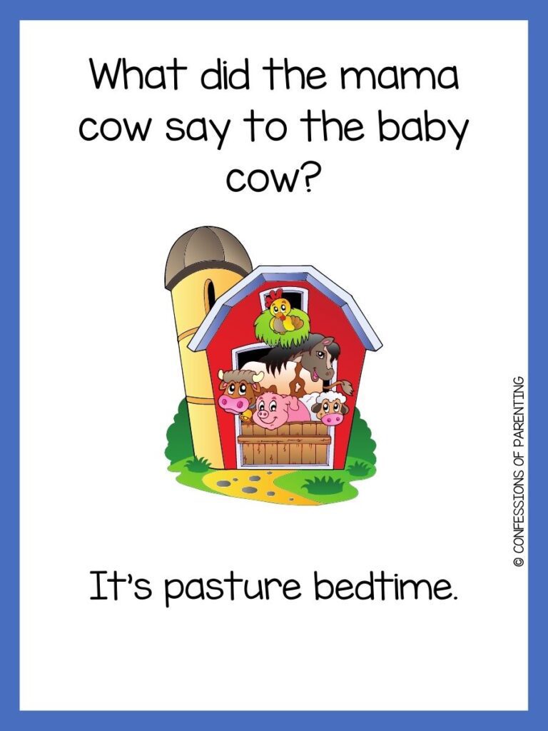 in post image with white background, blue border, text of farm jokes and an image of farm animals inside a barn
