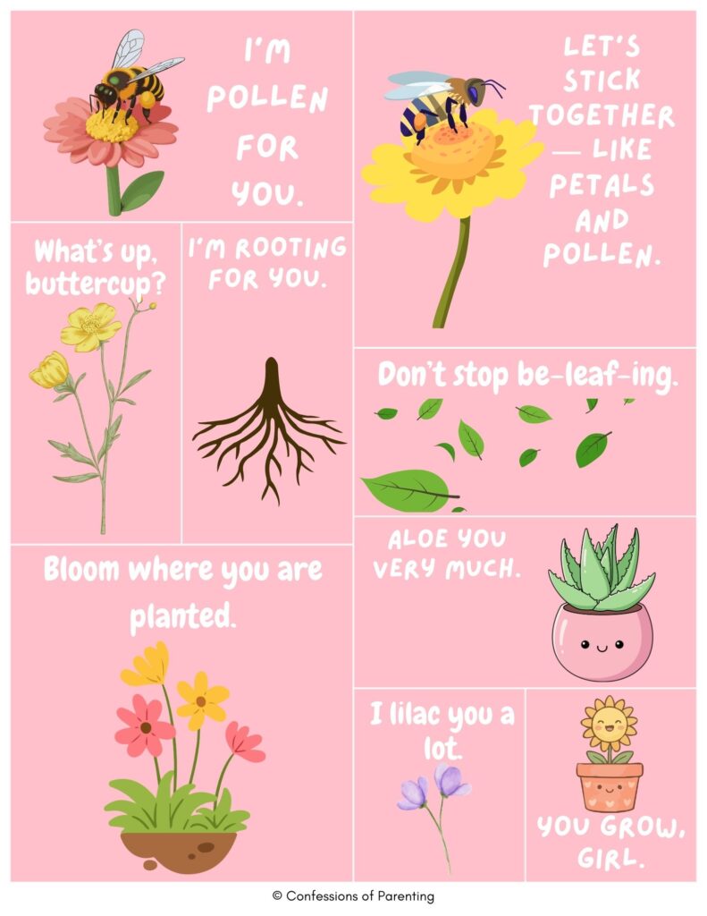 Flower puns collage with bees, roots, leaves, aloe plant, and flowers, featuring cute plant jokes about pollen, blooming, rooting, and growing encouragement.