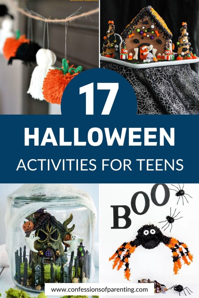 pin image with blue background, bold title that says "17 Halloween Activities for Teens" and images of Halloween Activities for Teens