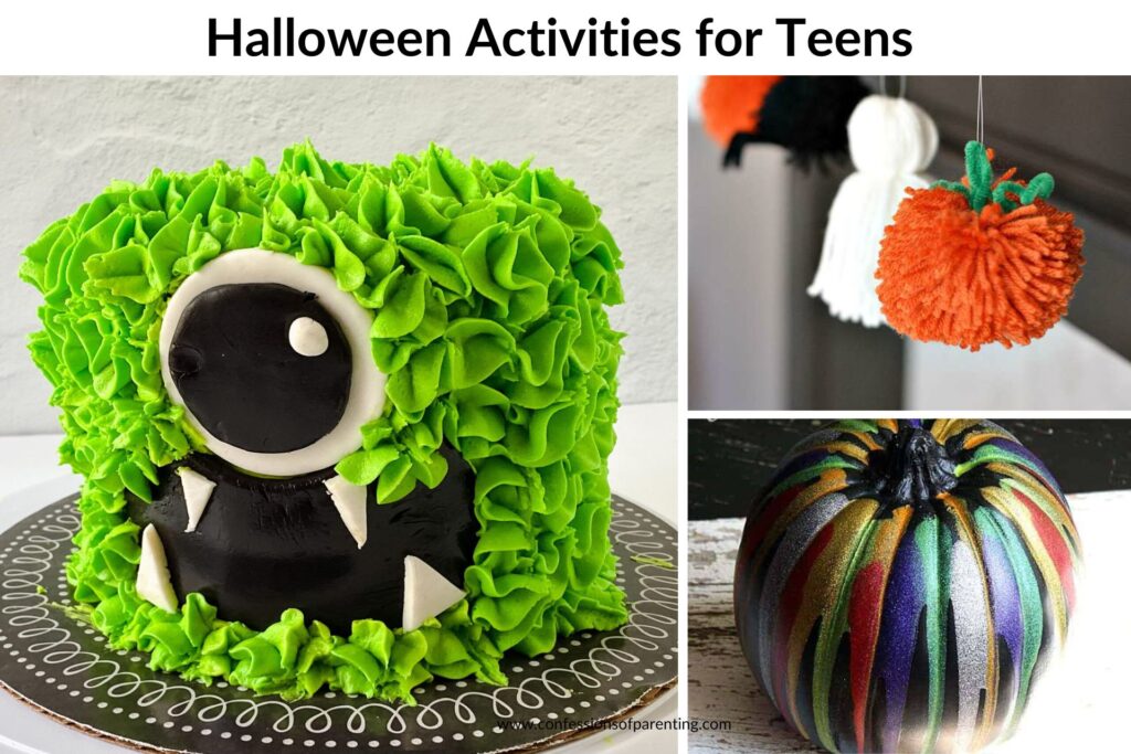 featured image with white background, title that says "Halloween Activities for Teens" and images of Halloween Activities for Teens