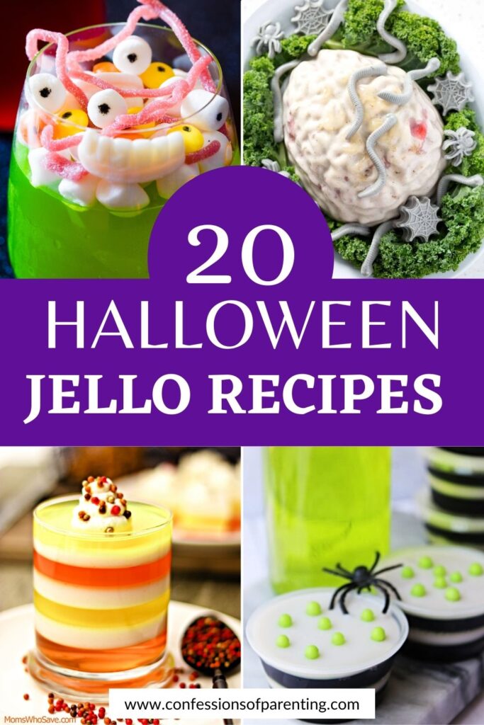 pin image with purple background, bold title that says "20 Halloween Jello Recipes" and images of Halloween Jello Recipes for Kids