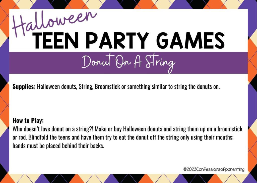 in post image with halloween border, white background, bold title that says "Halloween Teen Party Games", supplies and how to play for the game, and the name of the game "Donut on a String"
