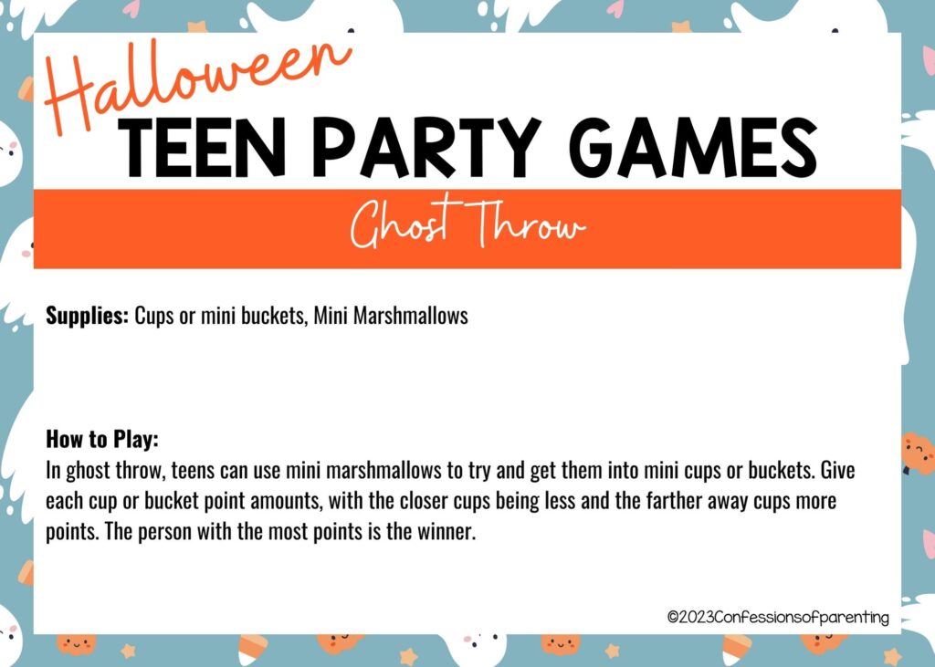 in post image with halloween border, white background, bold title that says "Halloween Teen Party Games", supplies and how to play for the game, and the name of the game "Ghost Throw"