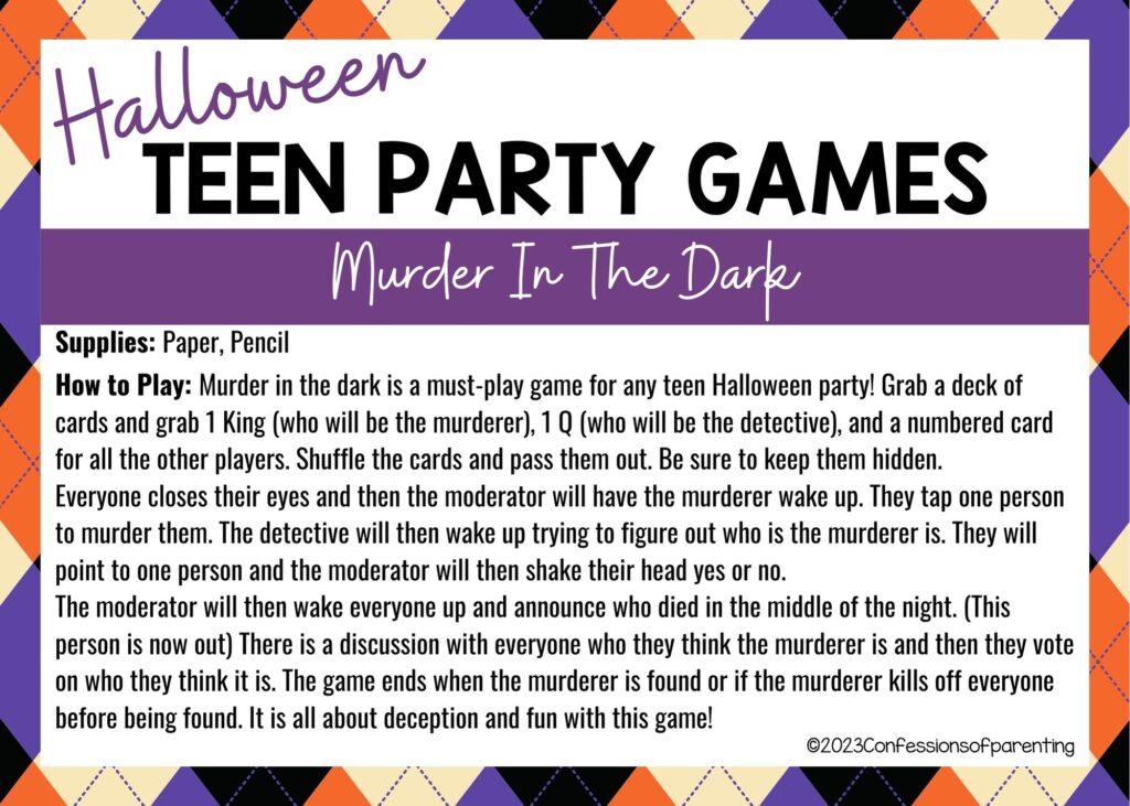 in post image with halloween border, white background, bold title that says "Halloween Teen Party Games", supplies and how to play for the game, and the name of the game "Murder in the Dark"