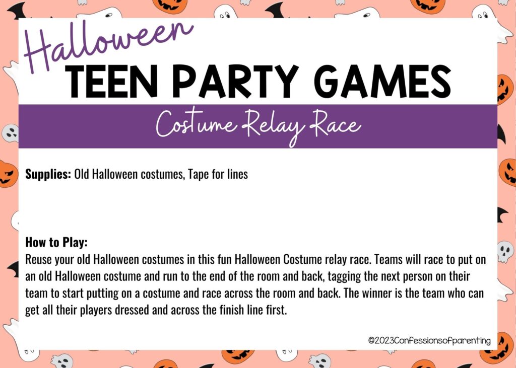 in post image with halloween border, white background, bold title that says "Halloween Teen Party Games", supplies and how to play for the game, and the name of the game "Costume Relay Race"