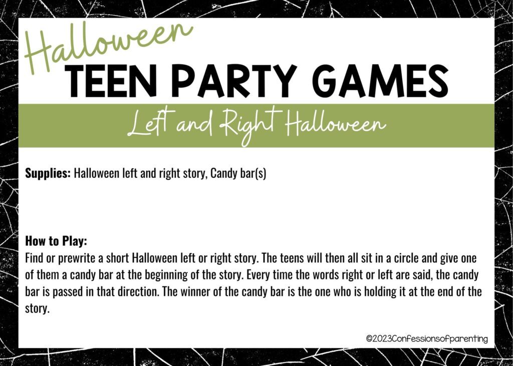 in post image with halloween border, white background, bold title that says "Halloween Teen Party Games", supplies and how to play for the game, and the name of the game "Left and Right Halloween"