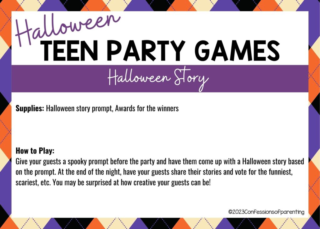 in post image with halloween border, white background, bold title that says "Halloween Teen Party Games", supplies and how to play for the game, and the name of the game "Halloween Story"