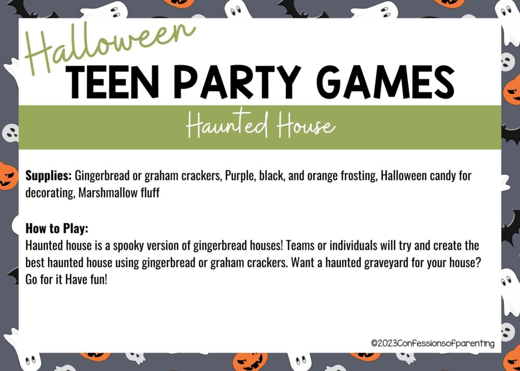 in post image with halloween border, white background, bold title that says "Halloween Teen Party Games", supplies and how to play for the game, and the name of the game "Haunted House"