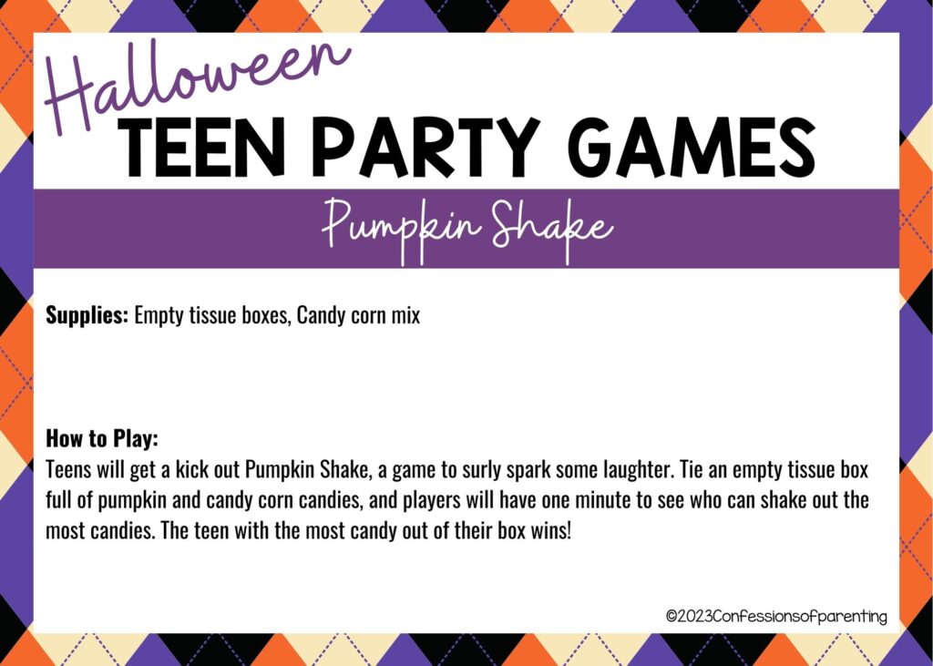 in post image with halloween border, white background, bold title that says "Halloween Teen Party Games", supplies and how to play for the game, and the name of the game "Pumpkin Shake"