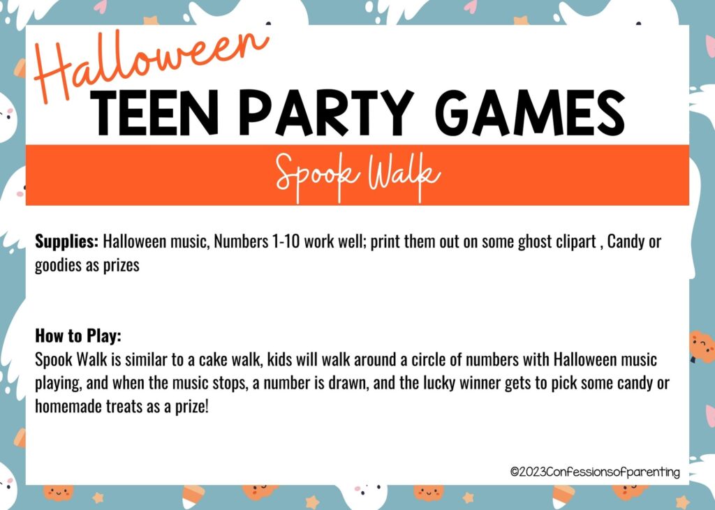 in post image with halloween border, white background, bold title that says "Halloween Teen Party Games", supplies and how to play for the game, and the name of the game "Spook Walk"