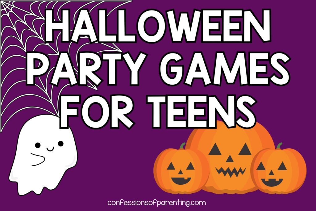 featured image with purple background, bold title that says "Halloween Party Games for Teens" and Halloween images 