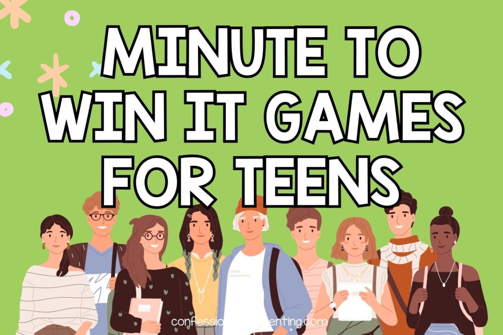 featured image with green background, bold white title that says "Minute To Win It Games For Teens" and images of teens and sparkles