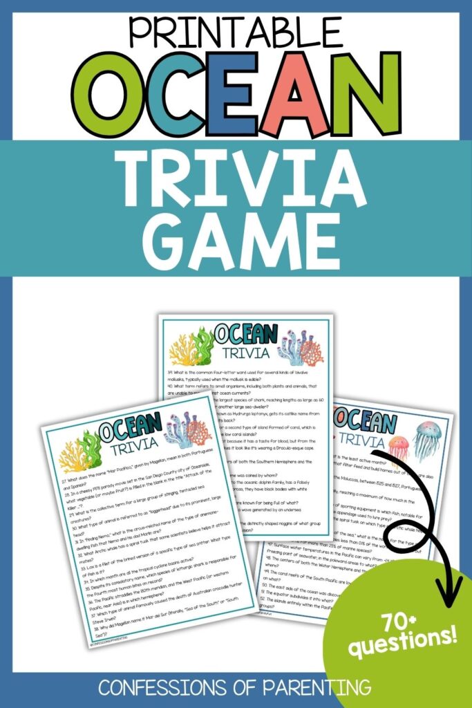 Printable Ocean Trivia Game cover with colorful title, sample trivia sheets, and badge noting 70+ ocean-themed questions.
